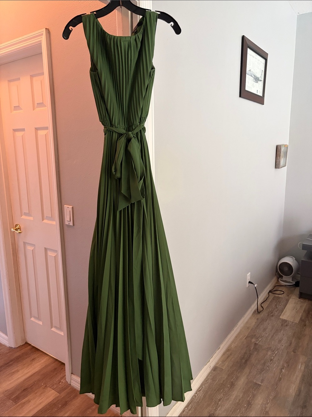 Badgley Mischka Olive Green Pleated Sleeveless Maxi Dress with Waist Tie